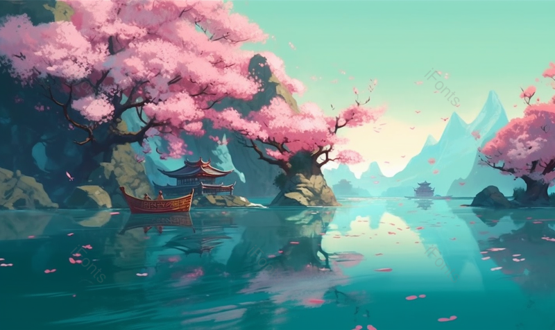 唯美桃林山水湖泊手绘国风背景,插画/手绘图,插画/手绘图库,插画/手绘图下载,插画/手绘